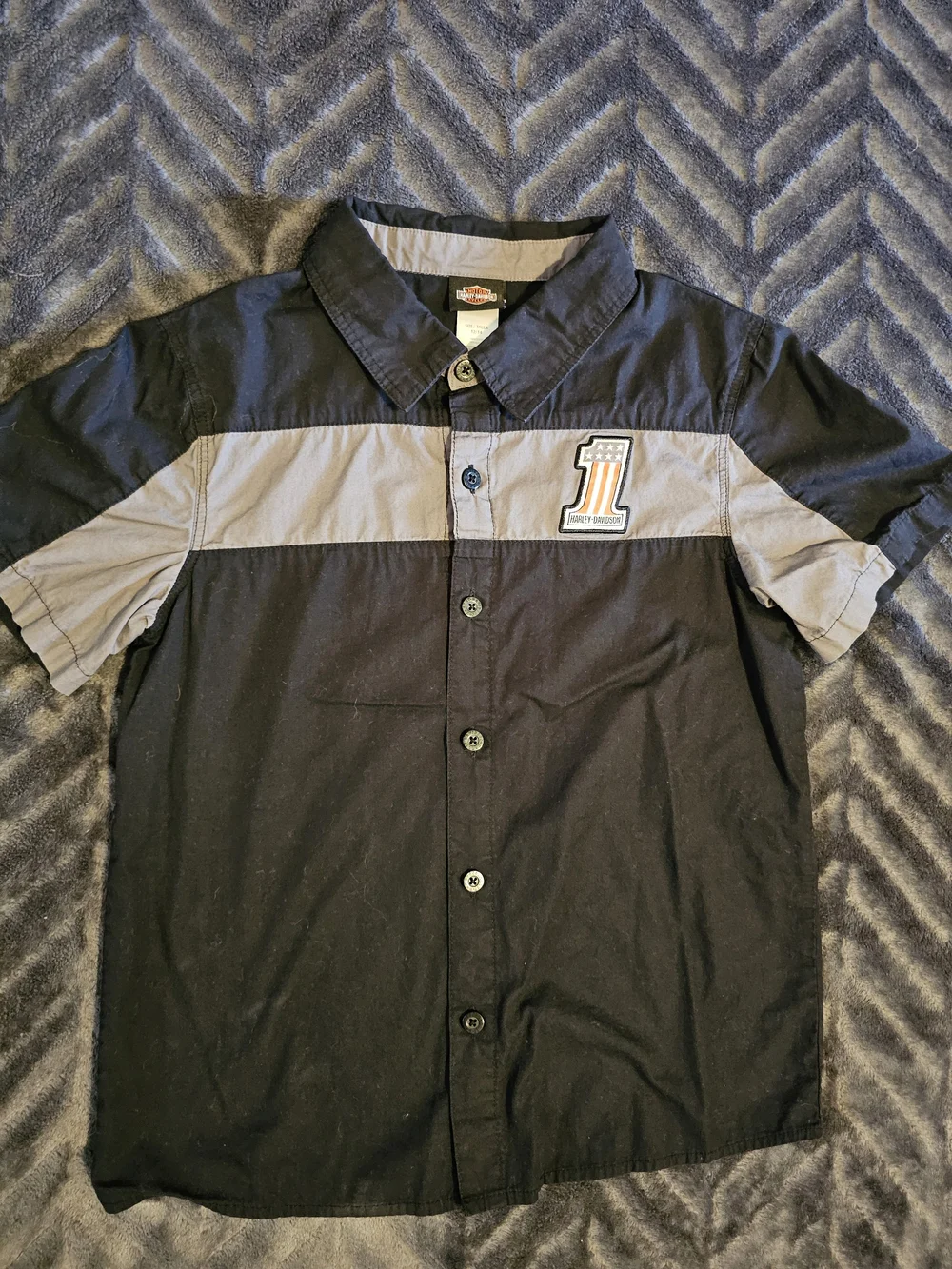 Harley-Davidson Boys Size 12/14 Black Gray Button Front Short Sleeve Shirt